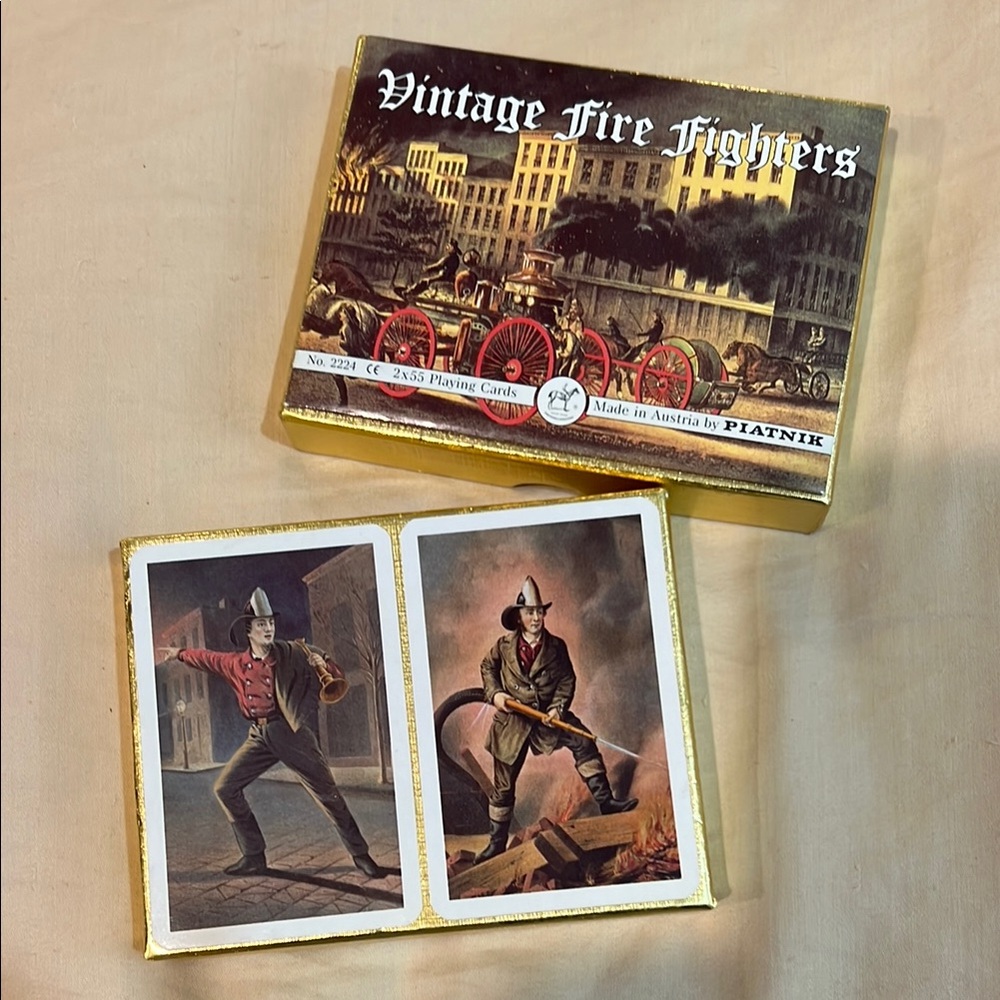 Vintage Fire Fighters Playing Cards - Gold and Red